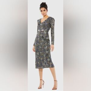 Mac Duggal Silver & Gold Sequin Midi Dress